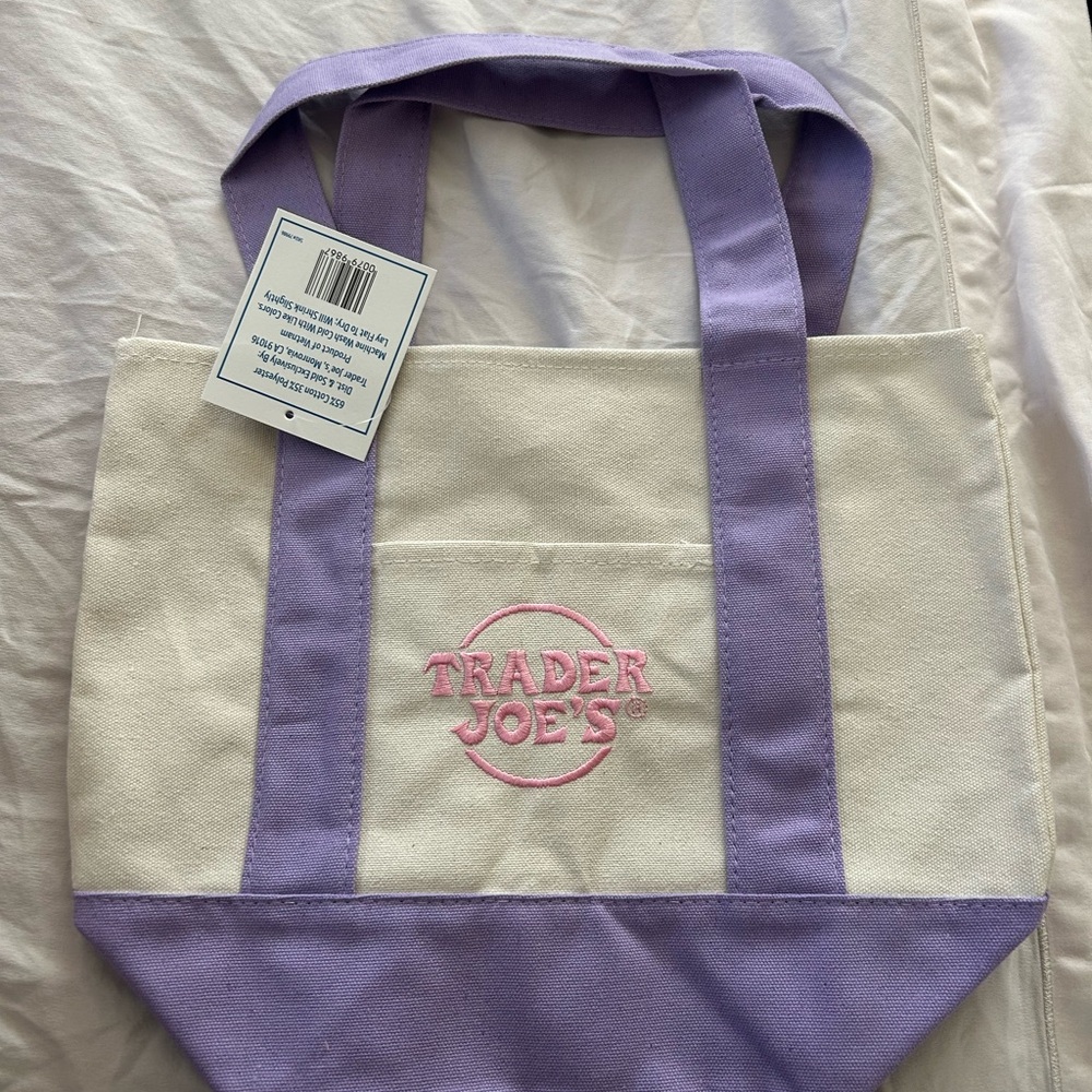 Trader Joe's Canvas mini Tote Bag - Purple and Cream